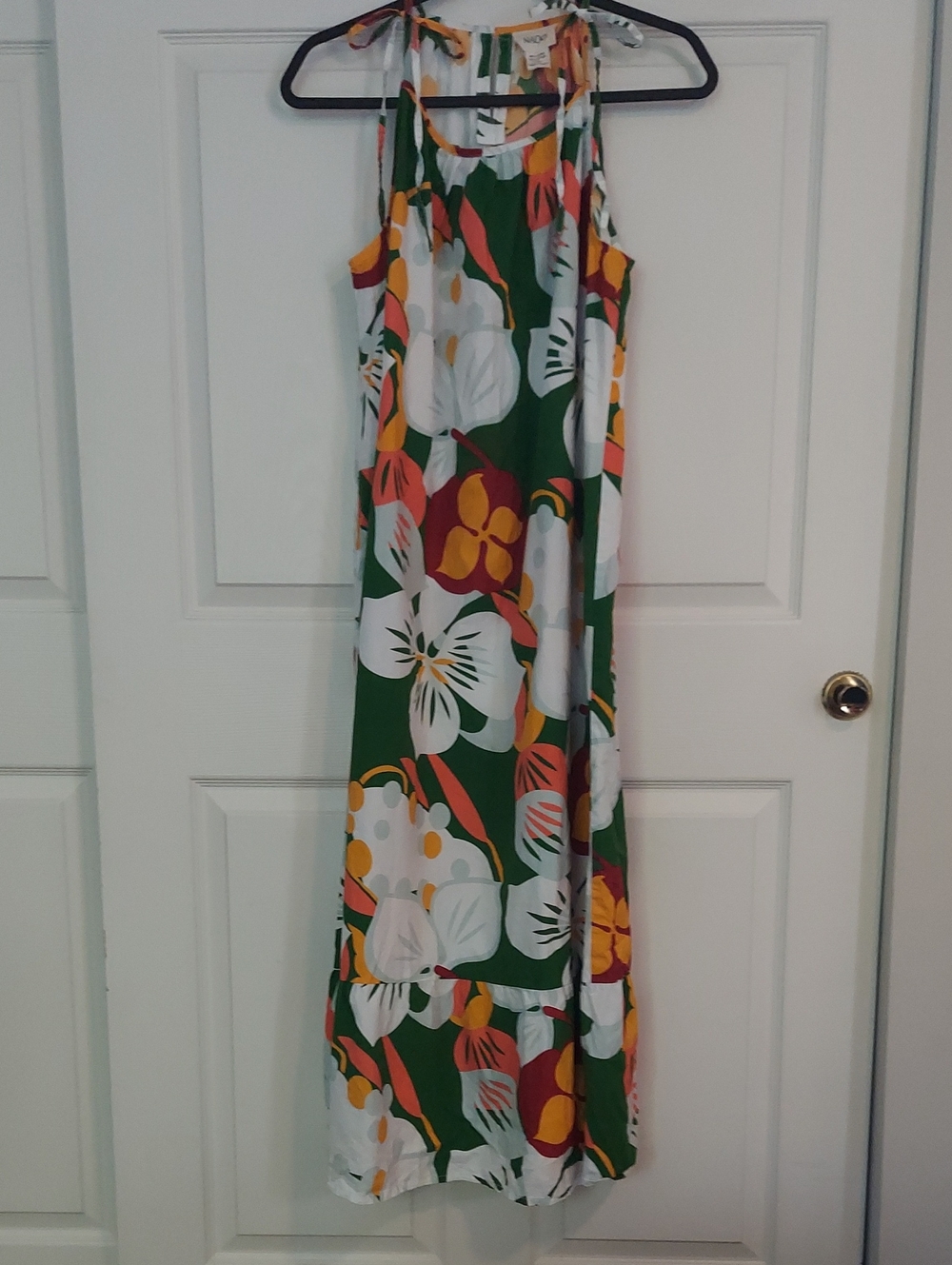 NAOO Tropical Floral Cotton Maxi Dress XL Tie Shoulder Resort